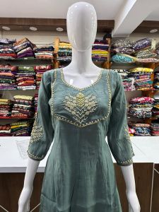 Mal Chanderi Fabric Grey Ladies Kurta Suit Set