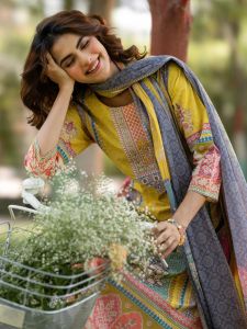 Yellow French Crepe Printed Ladies Kurta Set