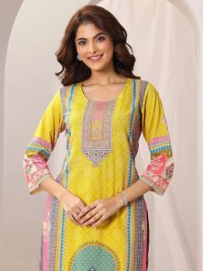Yellow French Crepe Printed Ladies Kurta Set