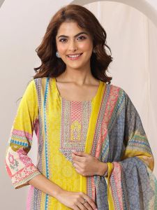 Yellow French Crepe Printed Ladies Kurta Set