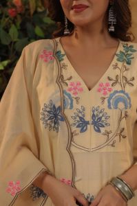 Camel Beige Viscose Chanderi Embroidered Ladies Kurta Set