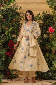 Camel Beige Viscose Chanderi Embroidered Ladies Kurta Set