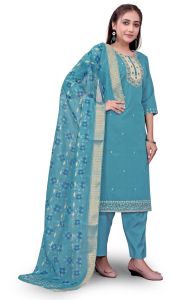 Aqua Blue Pure Cotton Embroidered Ladies Kurta Set