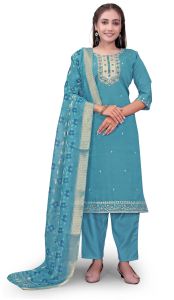 Aqua Blue Pure Cotton Embroidered Ladies Kurta Set