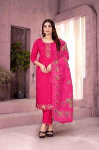 Bright Pink Pure Cotton Embroidered Ladies Kurta Set