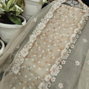 Ladies Cotton Beige Floral Embroidered Suit