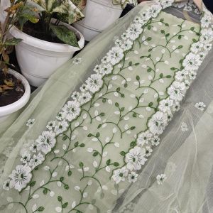 Ladies Cotton Green Floral Embroidered Suit