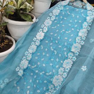 Ladies Cotton Sky Blue Floral Embroidered Suit