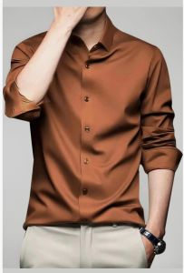 Mens Metallic Bronze Plain Satin Shirt