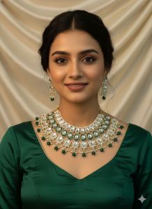 Bridal Look Deep Green Kundan &AMP; Faux Pearl Heavy Necklace Set for Weddings