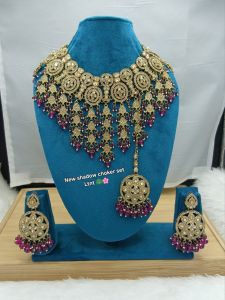 Premium Gold-Plated Bridal Shadow Choker Set with Earrings &AMP; Maang Tikka