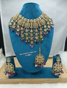 Premium Gold-Plated Bridal Shadow Choker Set with Earrings &AMP; Maang Tikka