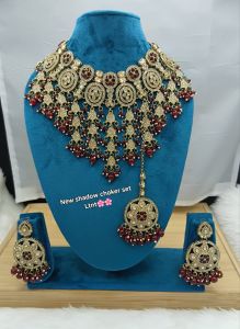Premium Gold-Plated Bridal Shadow Choker Set with Earrings &AMP; Maang Tikka
