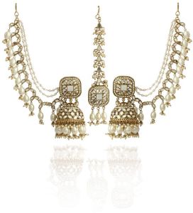 Traditional gold-plated Jhumka Earrings with Kundan and Mirror Work, Featuring Multiple Pearl Chains