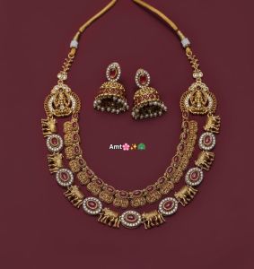 Traditional Gold Plated Temple Necklace Set with Elephant Motif &AMP; Jhumka Earrings