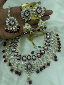 Bridal Look Deep Red Kundan &AMP; Faux Pearl Heavy Necklace Set for Weddings