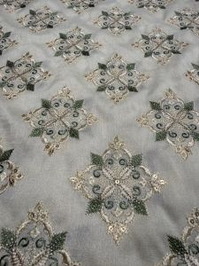Grey &AMP; Golden Zari-Sequin Motif Embroidered Barfi Fabric