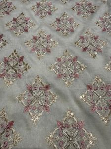 Grey &AMP; Pink Zari-Sequin Designer Embroidered Barfi Fabric