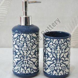 Blue Ceramic Soap Dispenser with Tooth Brush Stand