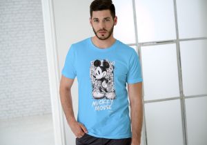 Sky Blue Men Printed Cotton T-Shirt for Men
