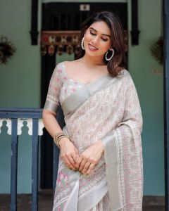 Printed Floral Linen Cotton Saree