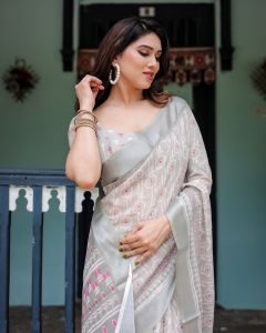 Printed Floral Linen Cotton Saree