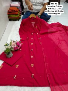 Thread Work Cotton Kurti Pant Dupatta Set