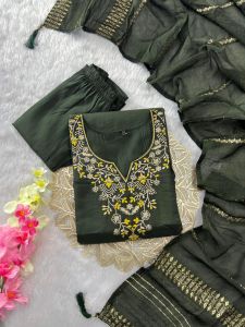 Mehndi Green Roman Silk Ladies Kurti Pant Set