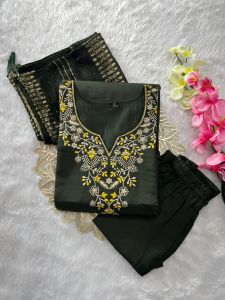Mehndi Green Roman Silk Ladies Kurti Pant Set