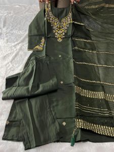 Mehndi Green Roman Silk Ladies Kurti Pant Set
