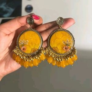 Handmade Round Yellow Resin Jhumka Earrings