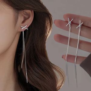 Silver Crossover Long Tassel Earrings