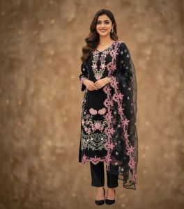 Ladies Black Embroidered Organza Fabric Suit