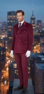 Mens Maroon Double Breasted Slim Fit Suit