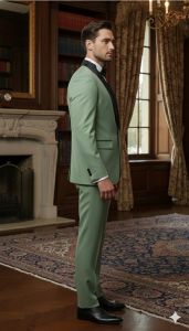 Mens Sage Green &AMP; Black Satin Shawl Lapel Tuxedo Suit