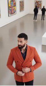 Mens Burnt Orange Wool Blend Double Breasted Blazer