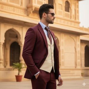 Mens Maroon 3 Piece Formal Wedding Suit