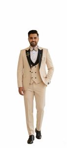 Mens Beige Slim Fit 3 Piece Wedding Tuxedo Suit