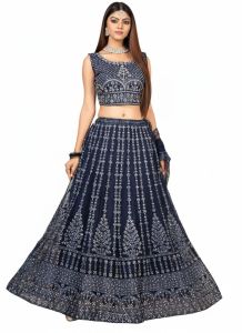 Ladies Navy Blue Embroidered Lehenga Choli Set