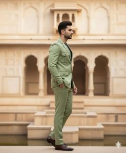 Mens Green 2 Piece Slim Fit Safari Suit