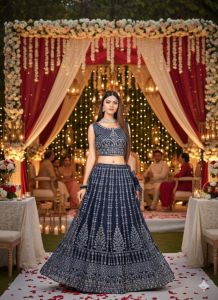 Ladies Navy Blue Embroidered Lehenga Choli Set