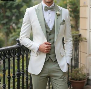 Mens Ivory 3 Piece Slim Fit Wedding Tuxedo Suit
