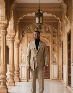 Mens Beige Pocketed Slim Fit Suit