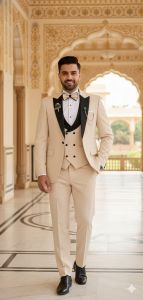 Mens Beige Slim Fit 3 Piece Wedding Tuxedo Suit