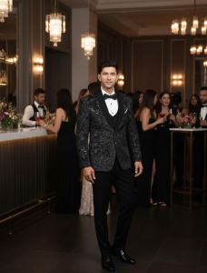Mens Black Textured Slim Fit Tuxedo Suit