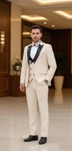 Mens Ivory Black Lapel 3 Piece Wedding Tuxedo Suit