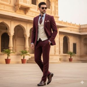 Mens Maroon 3 Piece Formal Wedding Suit