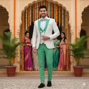 Mens Mint Green White 3 Piece Wedding Party Suit