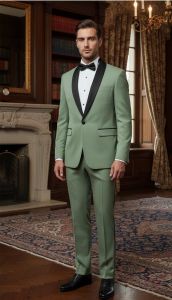 Mens Sage Green &AMP; Black Satin Shawl Lapel Tuxedo Suit