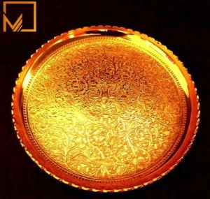 Golden Brass Embossed Round Decorative Tray